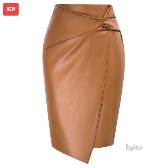 Dresses & Skirts - Faux Leather High Waist Wrap Midi Skirt, Stretchy PU, Business Casual Pencil